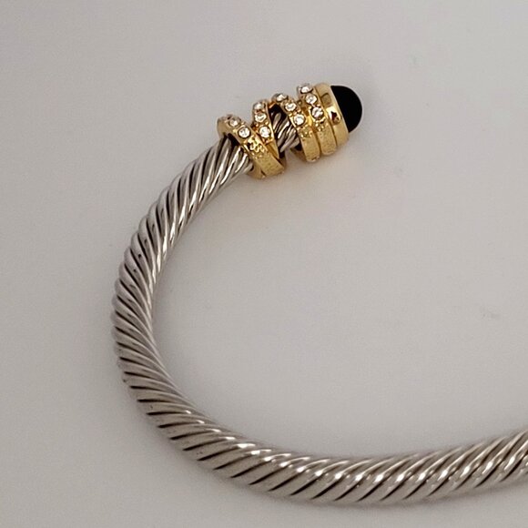 Silver Tone Braided Cuff Bracelet Gold Tone & Rhinestone Ends - Picture 7 of 7